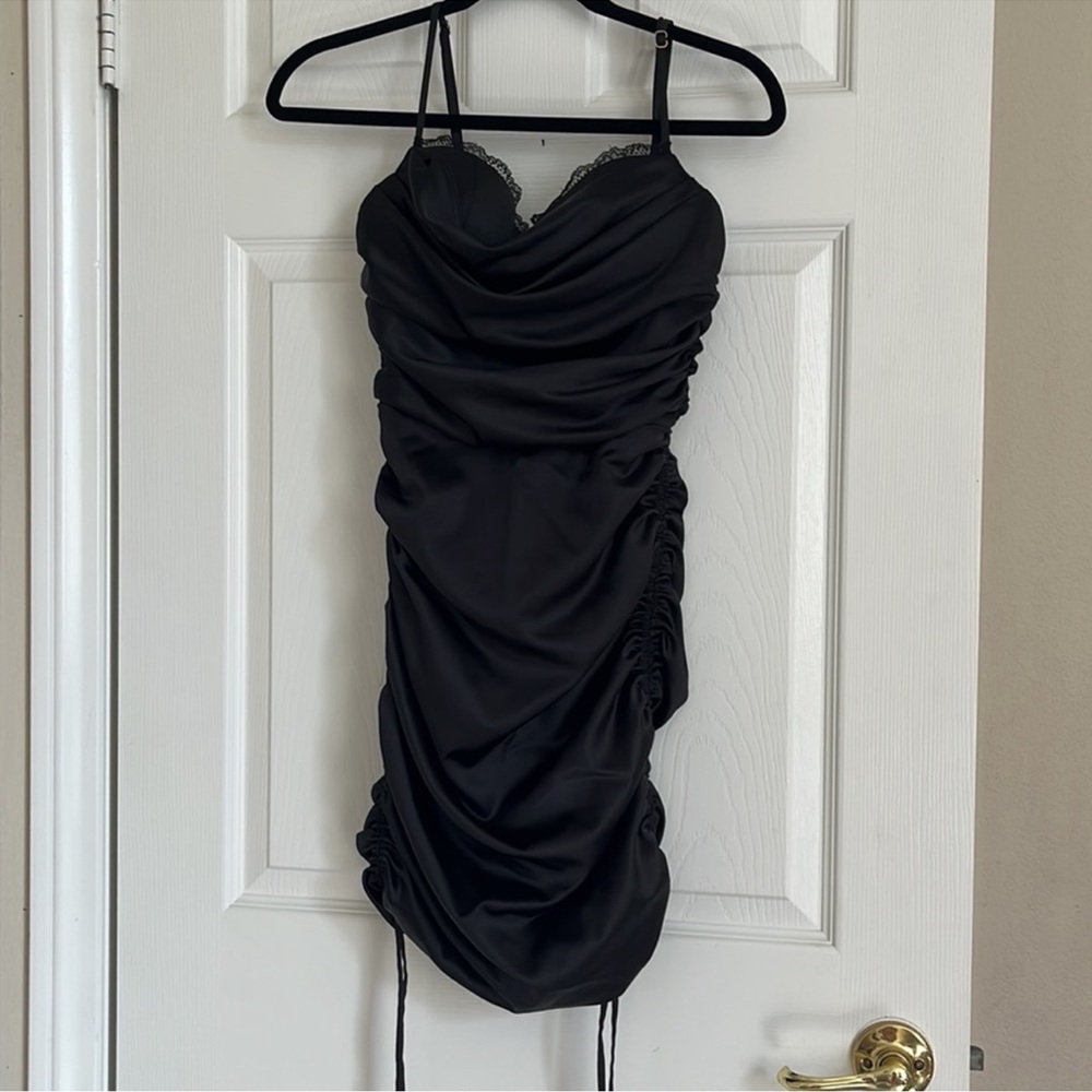 Oh Polly All For You Black Lace Trim Satin Mini Dress - Picture 3 of 4